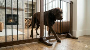 A heavy-duty, freestanding dog gate that won't tip over even when a large breed dog leans against the panels.
