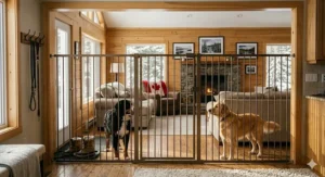 High-quality steel extra wide dog gate for large openings, designed to withstand active large breeds in Canadian households.