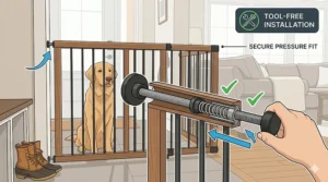 Illustration showing the tool-free installation of a pressure mounted dog gate, ideal for Canadian renters.
