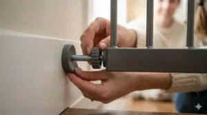 Diagram showing a tool-free, no-drill installation of a pressure mounted safety gate on a drywall surface.