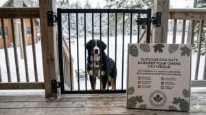 Eco-friendly certification illustration for a non-toxic, recyclable outdoor dog gate built to withstand Canadian climate extremes.