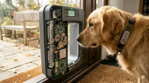 Smartphone mobile app screen tracking pet access history for an electronic dog door.
