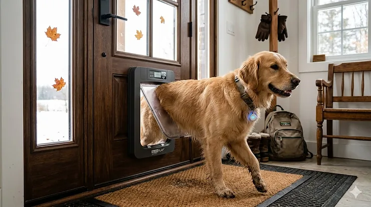 A Golden Retriever using an insulated electronic dog door in a Canadian home during winter.