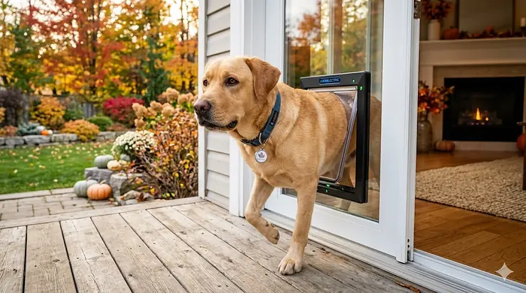 A golden retriever enters a secure, weather-resistant electronic dog door installed in a modern Canadian home, showcasing advanced home security features during autumn. electronic dog door security features