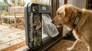 Energy efficient electronic dog door illustration highlighting home heat retention and energy savings.