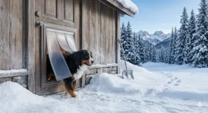 Close-up of double-insulated transparent dog door flaps covered in crystalline frost patterns, demonstrating wind and cold weather resistance.