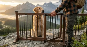 Illustration showing the height dimensions of a freestanding dog gate for large dogs to prevent jumping over.