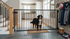 Extra-wide hardware mounted dog gate for large dogs used to partition a Canadian mudroom or entryway.