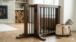 Infographic showcasing a foldable, freestanding dog gate that won't tip over, easy to store or pack for travel across Canada.