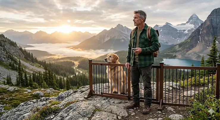 A durable wooden freestanding dog gate for large dogs placed in an open-concept Canadian home to keep a Golden Retriever safely contained.