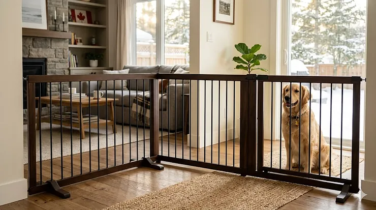 A sturdy, wide freestanding dog gate that won't tip over, safely blocking a Golden Retriever in a modern Canadian living room entryway.