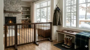 A freestanding dog gate that won't tip over keeping a muddy pup out of the main hallway of a cozy Canadian home (barrière autostable pour chien).
