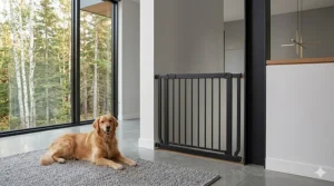 A sturdy hardware mounted dog gate successfully holding back a large Newfoundland dog, demonstrating superior strength over pressure mounts.