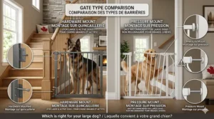 Diagram showing why a hardware mounted dog gate for large dogs is safer than pressure mounts for high-energy breeds.