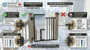Comparison diagram illustrating the stability of hardware-mounted outdoor dog gates versus temporary pressure-mounted units for deck stairs, highlighting 'TOP OF STAIRS SAFE' certification in Canada.