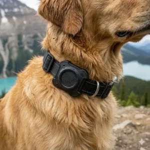 A rugged, heavy-duty Apple AirTag dog collar holder attached to a thick nylon collar for active Canadian dogs.