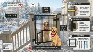 Technical measuring guide infographic for an outdoor dog gate for deck stairs, detailing critical width and height dimensions with bilingual (EN/FR) labels and frost-resistant seal points.