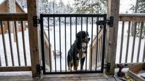Step-by-step illustration showing how to install a weatherproof dog gate on backyard decks, porches, and steps.