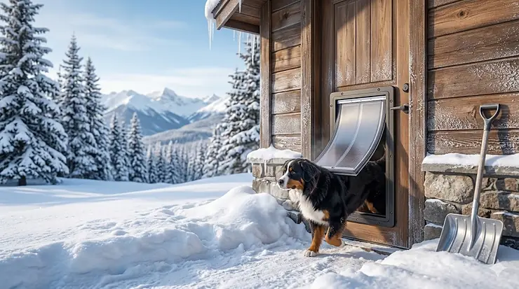 An energy-efficient insulated dog door installed on an exterior door, surrounded by deep winter snow drifts outside a Canadian home. insulated dog door for Canadian winter