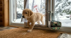 A young Golden Retriever puppy carefully walking through an energy-efficient dog door next to a cutaway model showing its triple-pane insulated frame.