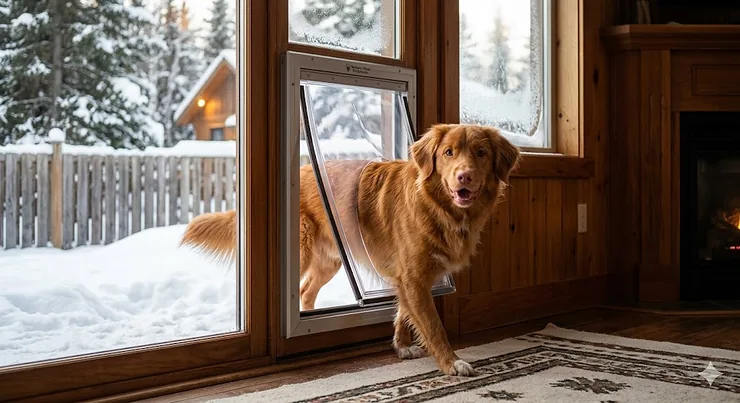A Nova Scotia Duck Tolling Retriever passing through a clear insulated dog door installed in a sliding glass patio door of a rustic wooden Canadian home with a snowy backyard. insulated dog door with magnetic seal