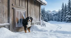 A large dog looking through a frosty, flexible double-flap insulated pet door installed on a rustic wooden exterior wall.