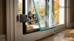 Cross-section diagram of an insulated electronic dog door, demonstrating multi-seal weatherproofing designed to maintain home security and energy efficiency through harsh Canadian winters.