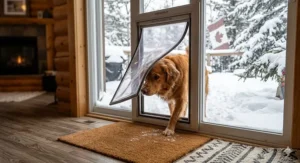 A golden-furred dog stepping through an insulated pet door with a clear flap onto an indoor mat, with a snow-covered deck and a Canadian flag visible in the background.