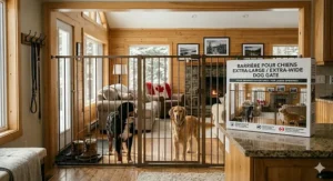 Close-up of a walk-through dog gate with a low-profile base to prevent tripping in high-traffic open-concept homes.