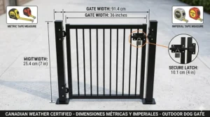 Dimension diagram for an outdoor dog gate for Canadian weather, featuring measurements in both centimetres and inches.