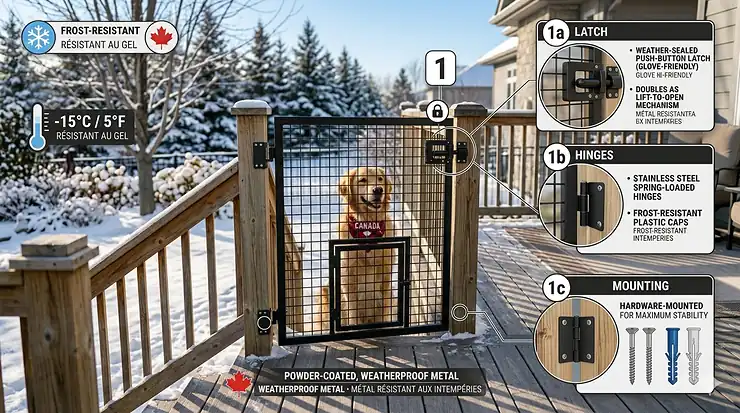Durable black steel outdoor dog gate for deck stairs installed on a weathered pressure-treated wooden patio porch, keeping a happy Golden Retriever safe outside a Canadian home.