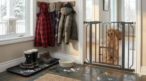 A lightweight, portable pressure mounted dog gate being moved between rooms, ideal for Canadian families who travel to the cottage.