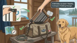 Illustration of a lightweight pressure mounted dog gate being packed for a trip to a Canadian lakeside cottage.