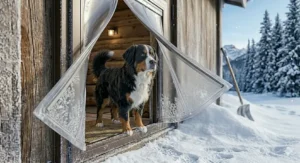 A brushed metal electronic control panel detailing the airtight battery pack, micro-thermal foam matrix, and frost-prevention heating elements of a premium pet door.