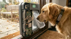Programmable electronic dog door interface setting daily morning and nighttime access schedules.