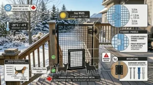 Safety illustration in a technical schematic style detailing 1.5-inch bar spacing on an outdoor dog gate for deck stairs, ensuring small puppies and toy breeds cannot escape or get stuck.