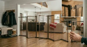 Space-saving retractable dog gate for open floor plan houses, perfect for minimalist Canadian interior design.