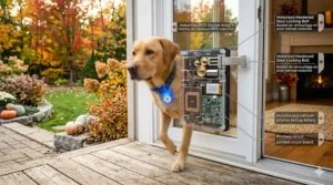 A technical view of an electronic dog door RFID collar tag, highlighting the secure, encrypted pairing process that prevents unauthorized entry in Canadian homes.