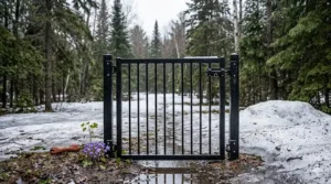 Infographic illustration showing a rust-proof exterior pet gate resisting spring rain and melting slush in Canada.