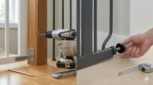 A hardware mounted dog gate securely bolted to the wall at the top of a staircase, preventing a Golden Retriever from descending.