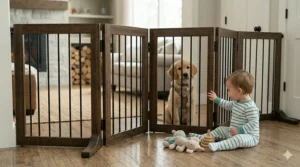 Safe freestanding dog gate that won't tip over, designed with stable support feet to protect pets and toddlers from accidental falls.