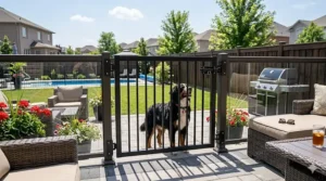 A bright illustration of a secure outdoor dog gate keeping a Golden Retriever safe on a sunny patio in Ontario.