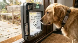 A secure electronic dog door staying locked to keep out urban Canadian wildlife like raccoons.