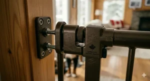 Close-up of secure hardware mounting for an extra wide dog gate, ensuring stability across wide hallways or room dividers.