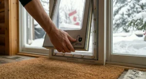 Close-up of hands sliding a secure, weather-insulated locking panel onto the pet door frame, featuring a bilingual "SECURE MODE / MODE SÉCURITÉ" lock graphic.