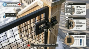 High-angle technical close-up illustration detailing the secure, lift-and-slide dual-action safety latch and self-closing tension hinge mechanism on a black outdoor dog gate for deck stairs.