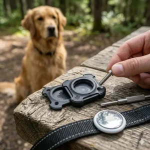 Demonstration of the secure screw-on mechanism of an Apple AirTag dog collar holder to prevent loss in the woods.