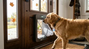 Microchip-activated electronic dog door detecting a pet collar sensor for secure entry.