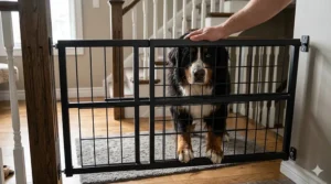 Durable steel hardware mounted dog gate for large dogs designed to withstand heavy impact and jumping.