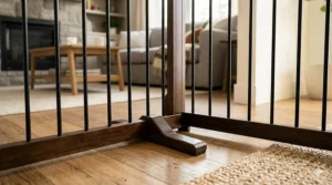Diagram showing the anti-tip support feet and non-slip pads of a freestanding dog gate that won't tip over.
